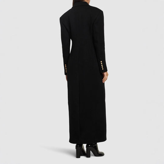 Damen Maxi-Mantelkleid mit markanter Schulterpartie und goldenen Zierknöpfen Shop Nory