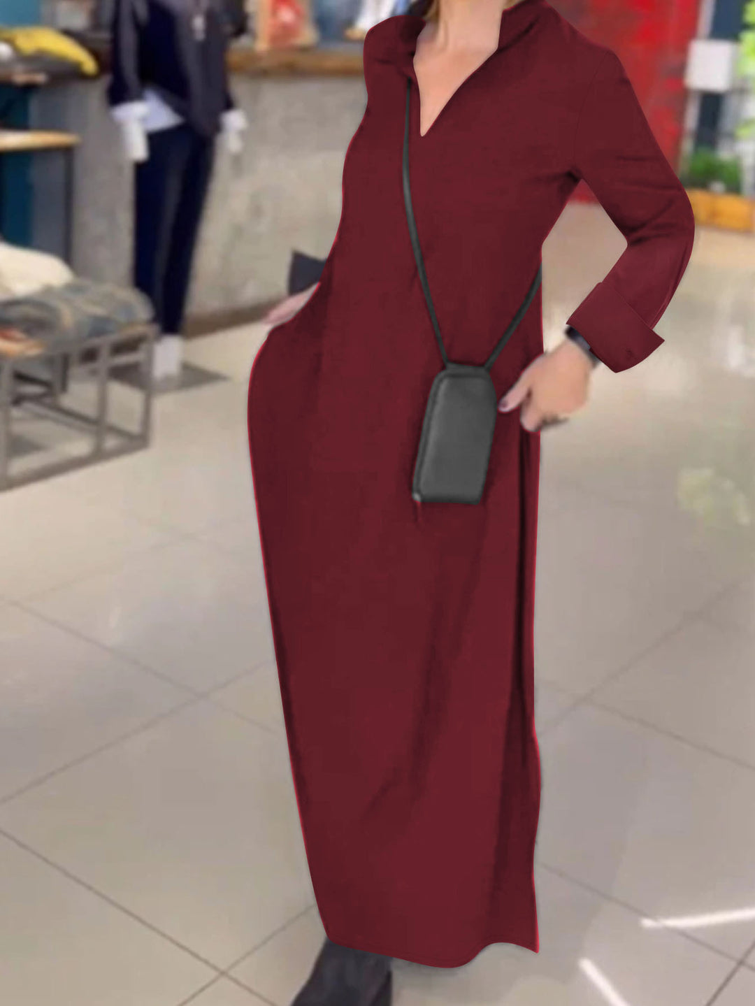 Damen Kragenblusenkleid mit V-Ausschnitt, Eingrifftaschen und seitlichen Schlitzen Shop Nory
