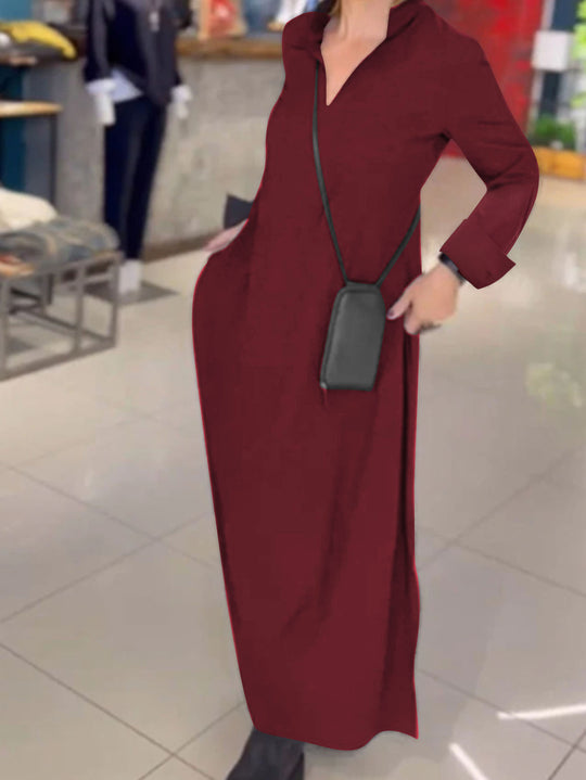 Damen Kragenblusenkleid mit V-Ausschnitt, Eingrifftaschen und seitlichen Schlitzen Shop Nory