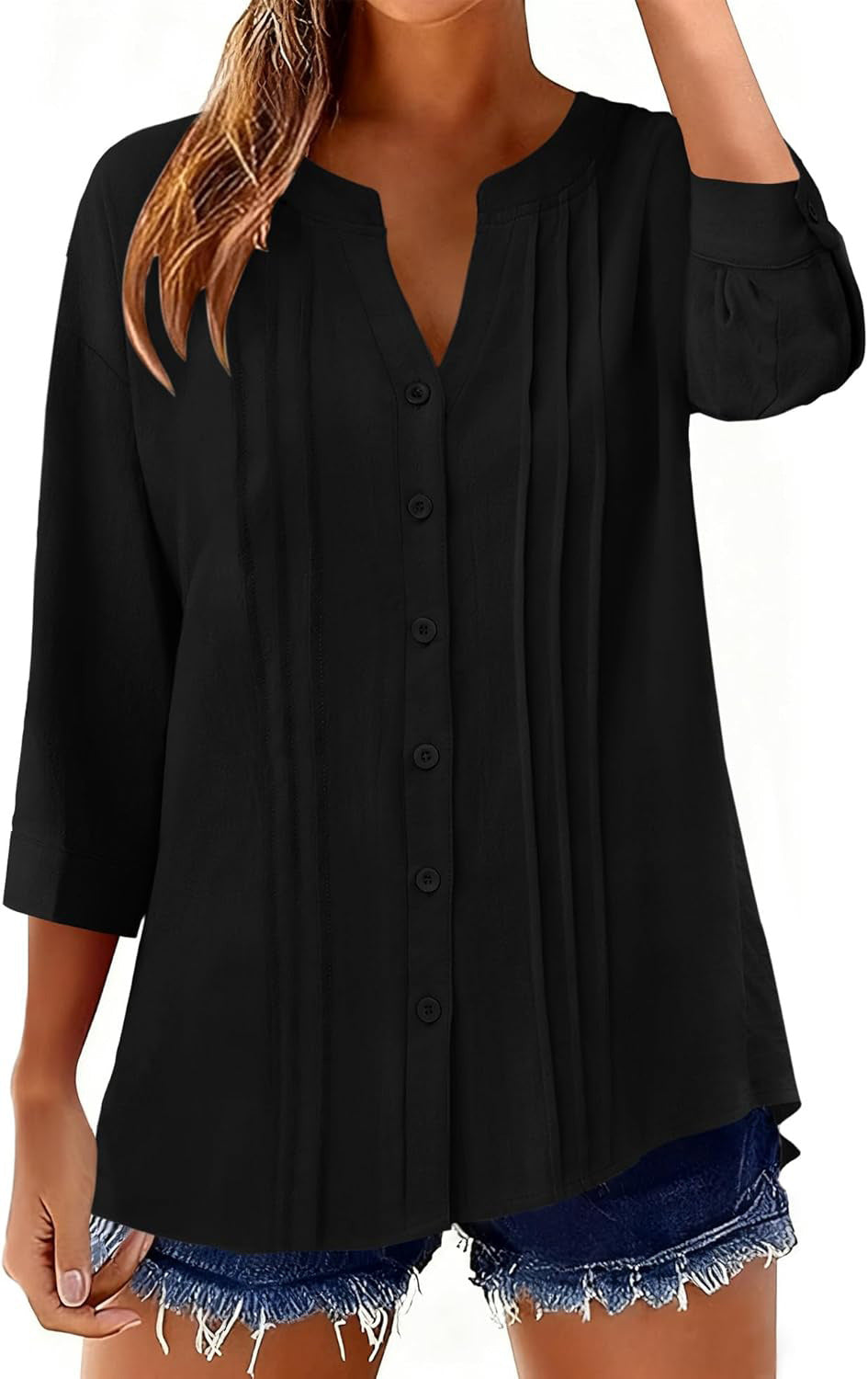 Damen Lockeres Tunikashirt mit Kellerfalten und dreiviertel Ärmeln Shop Nory