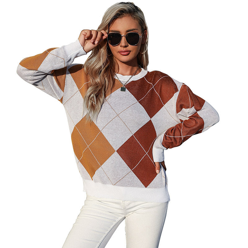 Damen Lockerer Argyle-Strickpullover im Oversize-Schnitt mit Rundhalsausschnitt und Rippbündchen Shop Nory
