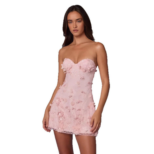 Damen Cocktailkleid mit schulterfreiem Design und floralem 3D-Applikationen Shopnory