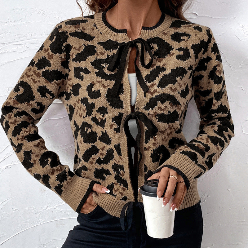 Damen Leopardmuster Strickcardigan mit Bindeschleifen und gerippten Bündchen Shop Nory