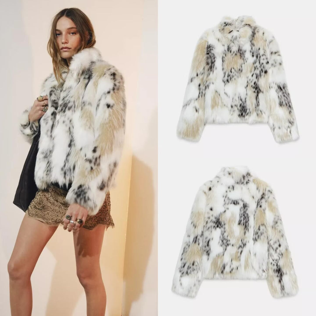 Damen Kurze Kunstfelljacke im Patchfell-Look mit hohem Stehkragen Shop Nory