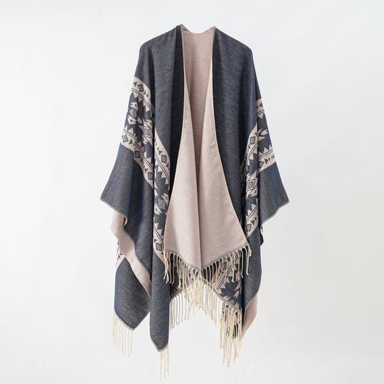 Damen Kaschmir‑Optik Überwurfponcho mit geometrischer Bordüren‑Jacquard und Fransen Shop Nory