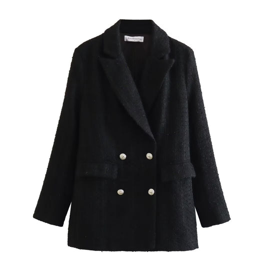 Damen Doppelreihiger Bouclé‑Tweed‑Blazer mit Schalkragen und Pattentaschen Shop Nory