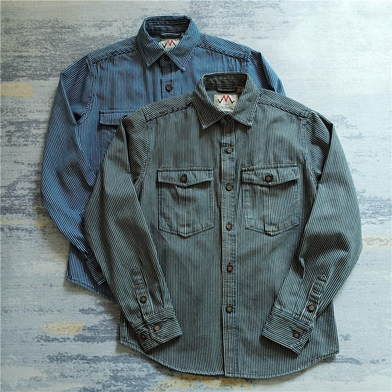 Herren Gestreiftes Baumwoll-Worker-Hemd mit aufgesetzten Brusttaschen und durchgehender Knopfleiste Shop Nory
