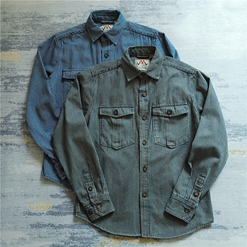 Herren Gestreiftes Baumwoll-Worker-Hemd mit aufgesetzten Brusttaschen und durchgehender Knopfleiste Shop Nory