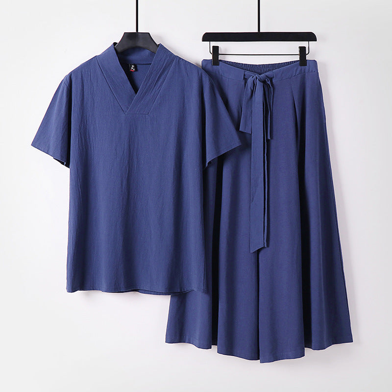 Damen Leichtes Loungewear-Set mit V-Ausschnitt-Shirt und weit schwingendem Midirock mit Kordelzug Shop Nory