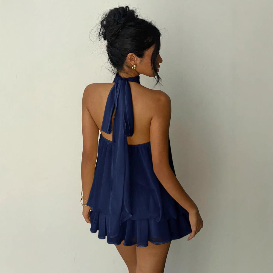 Damen Ärmelloser Chiffon-Playsuit mit hohem Stehkragen, gerafftem Oberteil und Stufen-Shorts Shop Nory