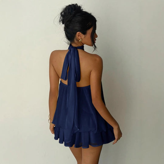 Damen Ärmelloser Chiffon-Playsuit mit hohem Stehkragen, gerafftem Oberteil und Stufen-Shorts Shop Nory