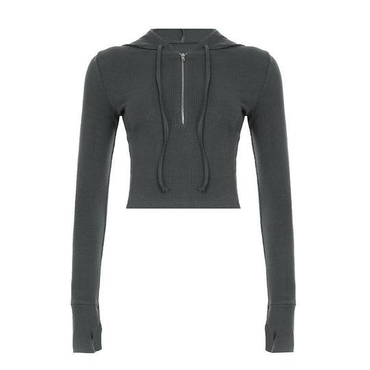 Damen nan kurzes Ripp-Kapuzenhoodie mit halbem Reißverschluss, langen Ärmeln und Daumenloch Shop Nory