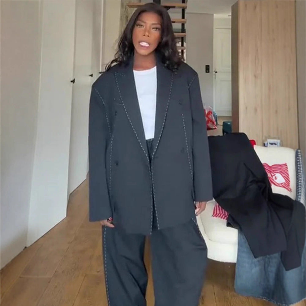 Damen Oversized Zweiteiler Boxy-Sakko und weite Bundfaltenhose mit Ziersteppnähten Shop Nory