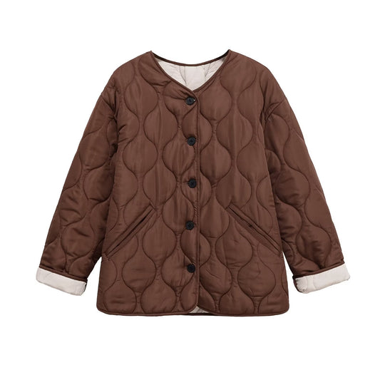 Damen gesteppte Jacke mit Rundsteppung, Knopfleiste und V‑Ausschnitt Shop Nory