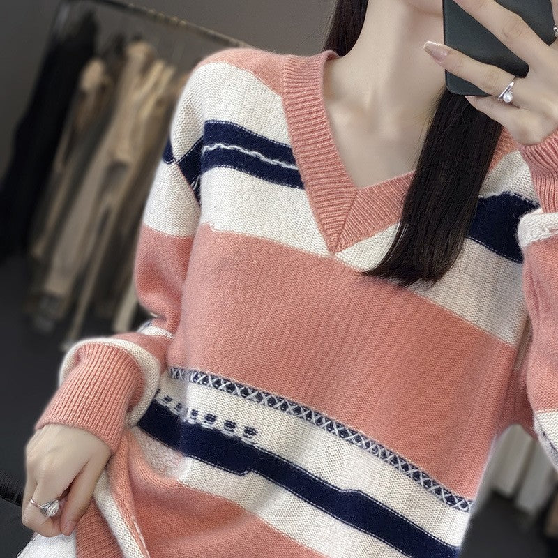 Damen Oversize-Strickpullover mit V‑Ausschnitt und grafischem Streifenmix Shop Nory