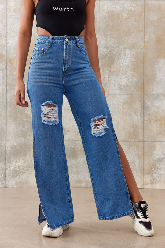 Damen hochtaillierte Wide‑Leg-Jeans mit großen Knie-Rips und seitlichen Beinschlitzen Shop Nory