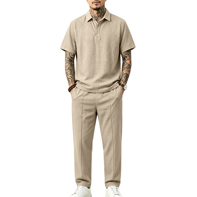 Herren Polo-Lounge-Set aus leichter Leinenmischung mit Kurzarm-Polo und gerader Bundfaltenhose Shop Nory