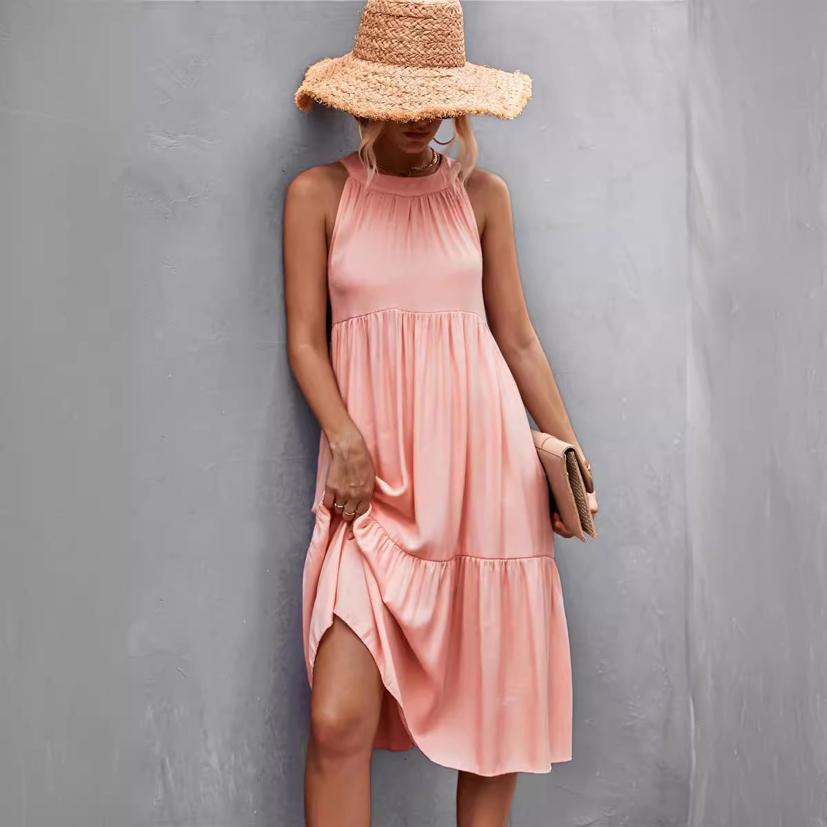 Damen luftiges Sommerkleid mit schwingendem Rock und hohem Hals Shopnory