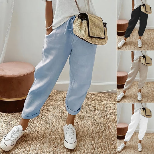 Damen Lässige Leinen-Joggerhose mit hohem Bund, Tunnelzug und gekrempeltem Saum Shop Nory