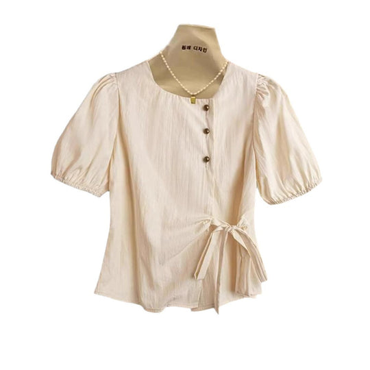 Damen Kurzärmlige taillierte Bluse mit Puffärmeln und seitlicher Schleife Shop Nory