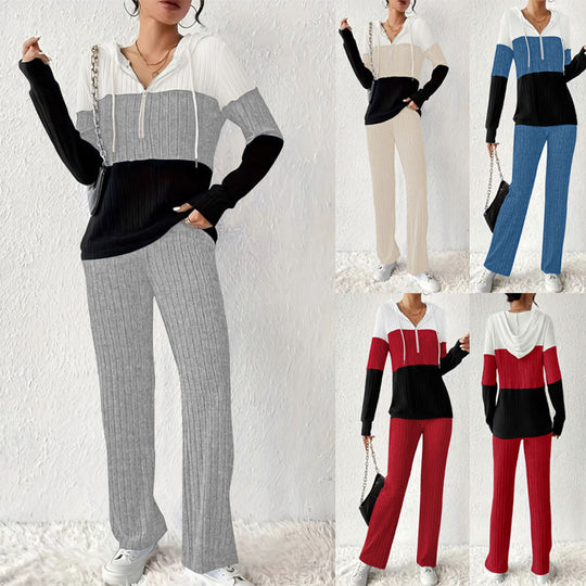 Damen Gerippter Lounge-Zweiteiler mit Kapuzen‑Halbzip und ausgestellter Palazzohose Shop Nory