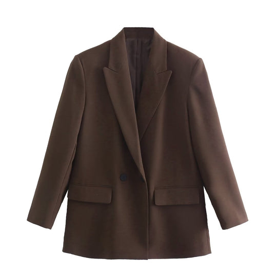 Damen Doppelreihiger Longblazer mit weitem Schalkragen und Pattentaschen Shop Nory