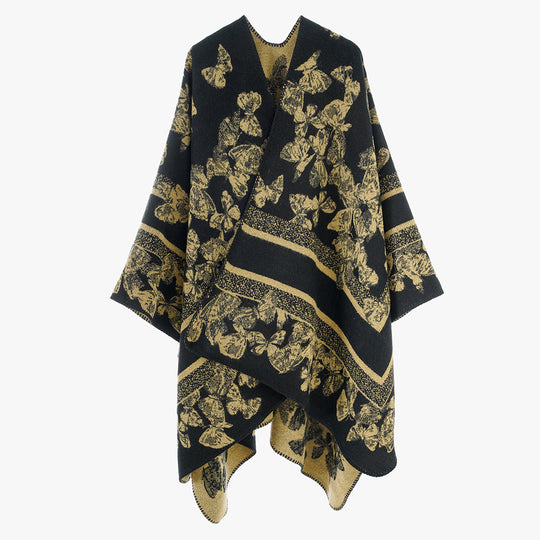 Damen Schmetterlings-Jacquard-Ruana aus Wollmix mit geschwungenem Saum Shop Nory