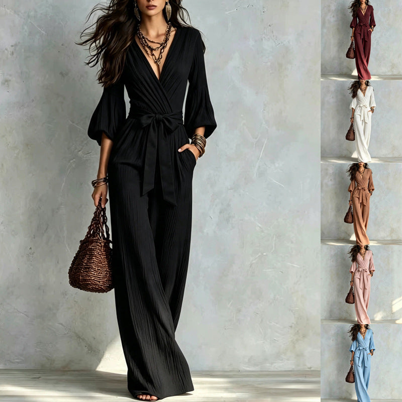 Damen Jumpsuit Wickel-Optik mit weitem Bein, Taillengürtel und Glockenärmeln Shop Nory