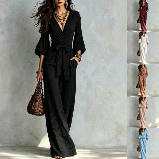 Damen Jumpsuit Wickel-Optik mit weitem Bein, Taillengürtel und Glockenärmeln Shop Nory