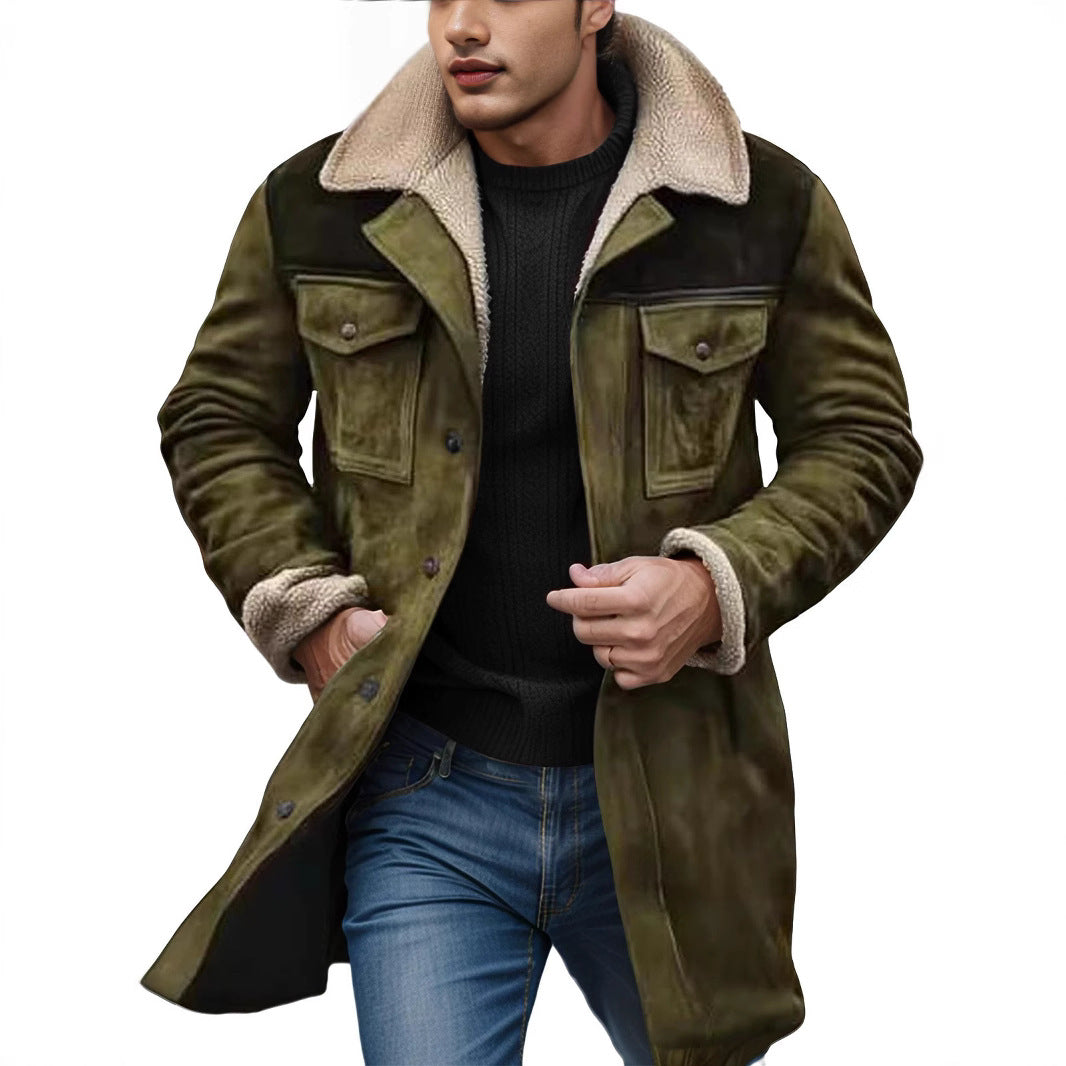 Herren Langer Veloursledermantel mit Teddyfutter und Pattentaschen Shop Nory