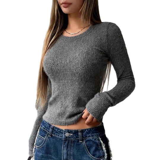 Damen Enganliegendes Flauschiges Feinstrick-Langarmshirt mit Rundhalsausschnitt Shop Nory