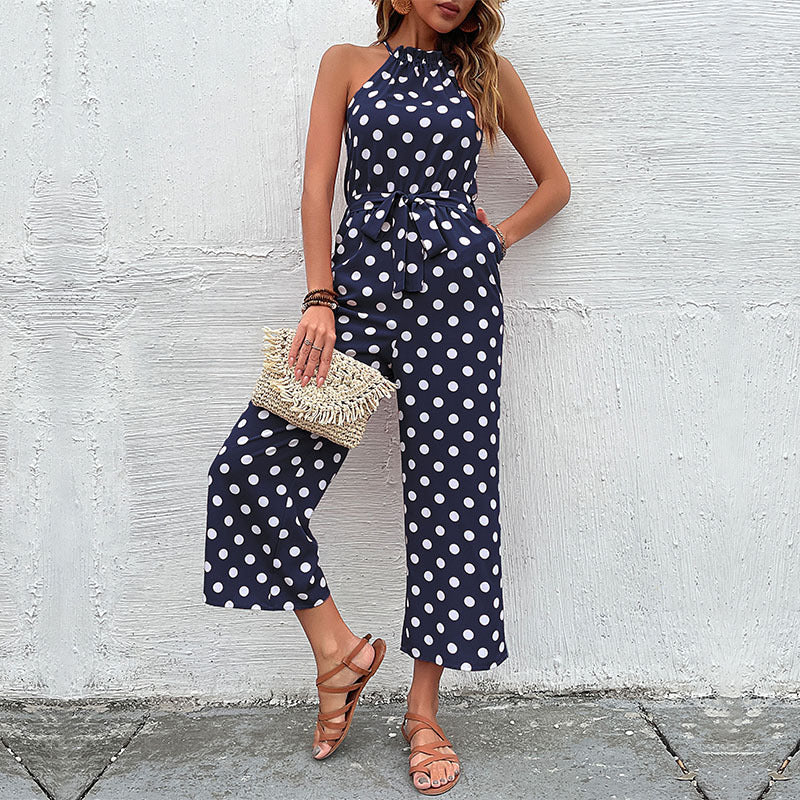 Damen eleganter Jumpsuit mit verstellbarem Bindegürtel und modischem Punkte-Design
