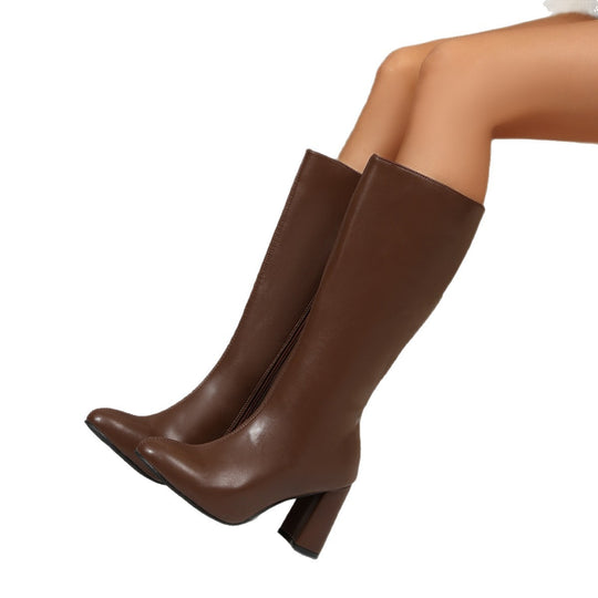 Damen kniehohe Lackstiefel mit markantem Blockabsatz und seitlichem Reißverschluss Shop Nory