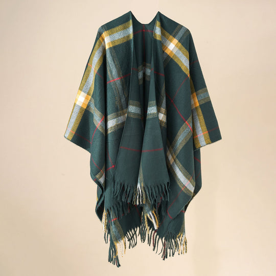 Damen Weit geschnittener Karierter Poncho mit Fransen und V‑Ausschnitt Shop Nory