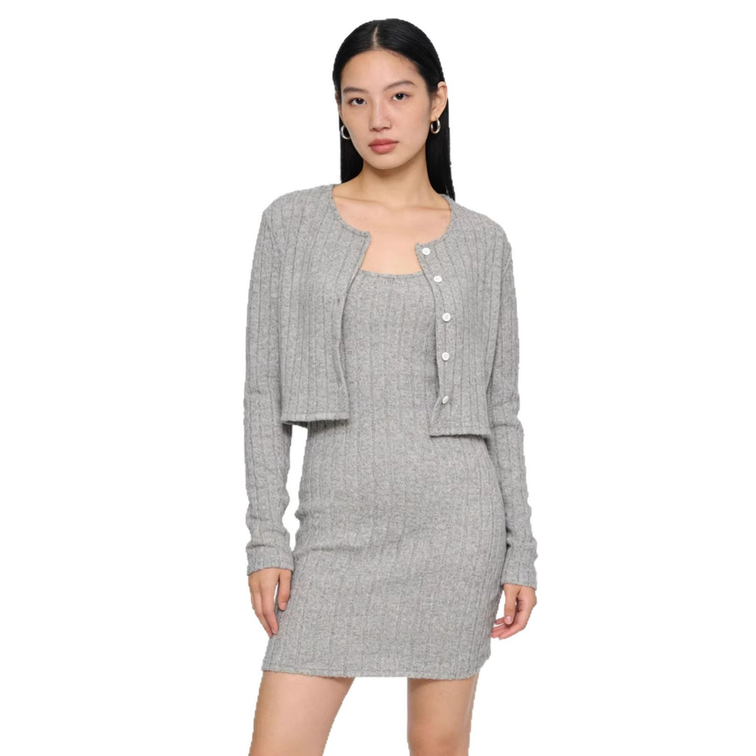 Damen Geripptes Strick-Kleid mit passendem Kurzcardigan Shop Nory