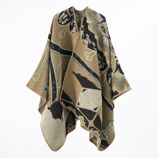 Damen Statement-Capeponcho aus jacquardgewebtem Wollmix mit Skull- und Knochenmuster Shop Nory