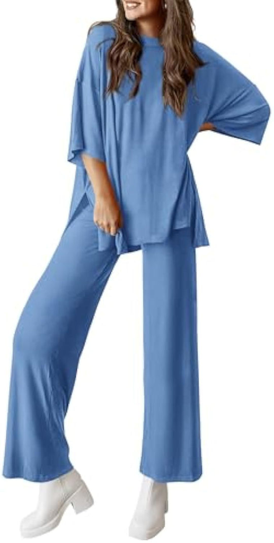 Damen Lässiges Lounge-Set aus weichem Jersey mit Oversize-Tunika und weiter Palazzo-Hose Shop Nory