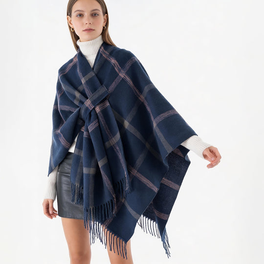 Damen Cape‑Poncho mit integriertem Bindegürtel, kastiger Oversize‑Silhouette und Fransensaum Shop Nory