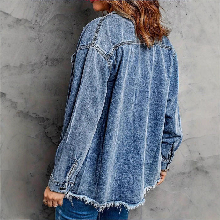 Damen Oversized Denim‑Hemdjacke mit Pattentaschen, Used‑Look und rohem Saum Shop Nory