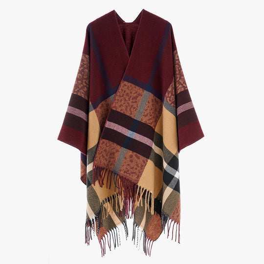 Damen Übergroßer Poncho mit Fransen und Karomuster Shop Nory