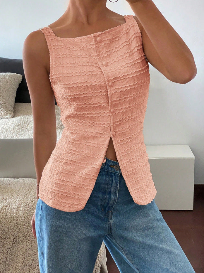 Damen Ärmelloses Struktur-Top mit Zierknopfleiste und Vorder‑Schlitz Shop Nory