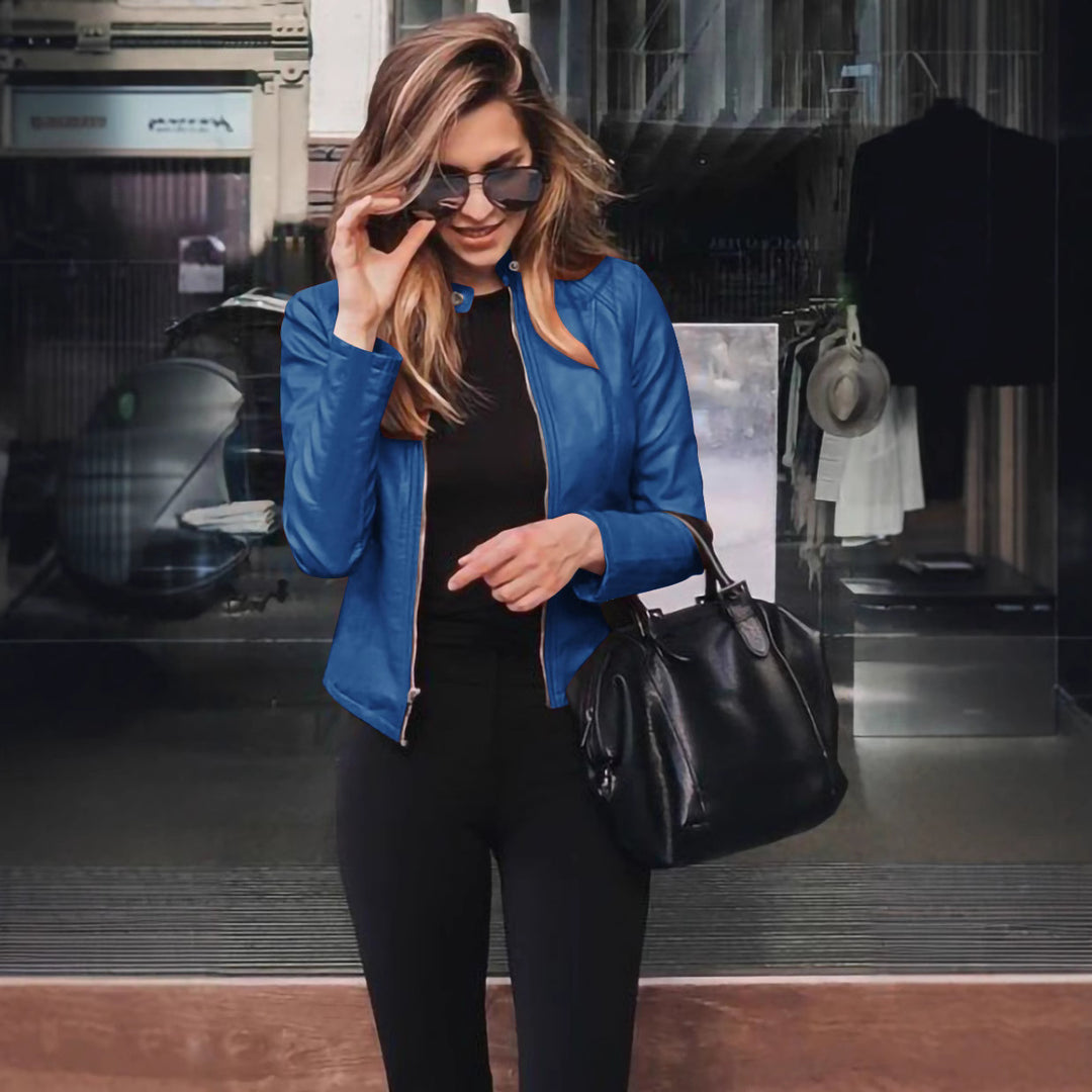Damen Figurnah geschnittene Kunstleder-Bikerjacke mit Stehkragen und Ziernähten Shop Nory
