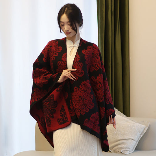 Damen Oversize-Wickelcape mit doppelseitigem Jacquard und asymmetrischem Zipfelsaum Shop Nory