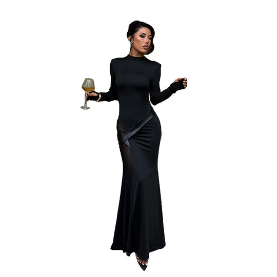 Damen figurbetontes Abend-Maxikleid mit langen Ärmeln und Satin-Detail Shop Nory