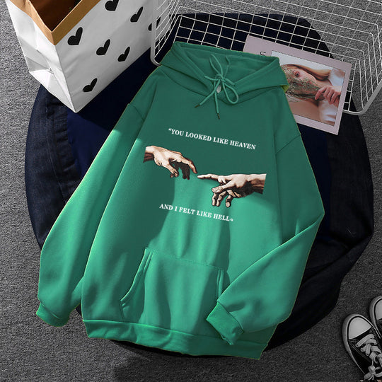 Damen nan Oversize Kapuzenpullover mit Kängurutasche und Renaissance‑Handmotiv, weiches Fleece Innenfutter Shop Nory