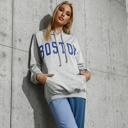 Damen Kapuzenpullover mit Collegestyle-Print, Kängurutasche und lässiger Oversize-Passform Shop Nory