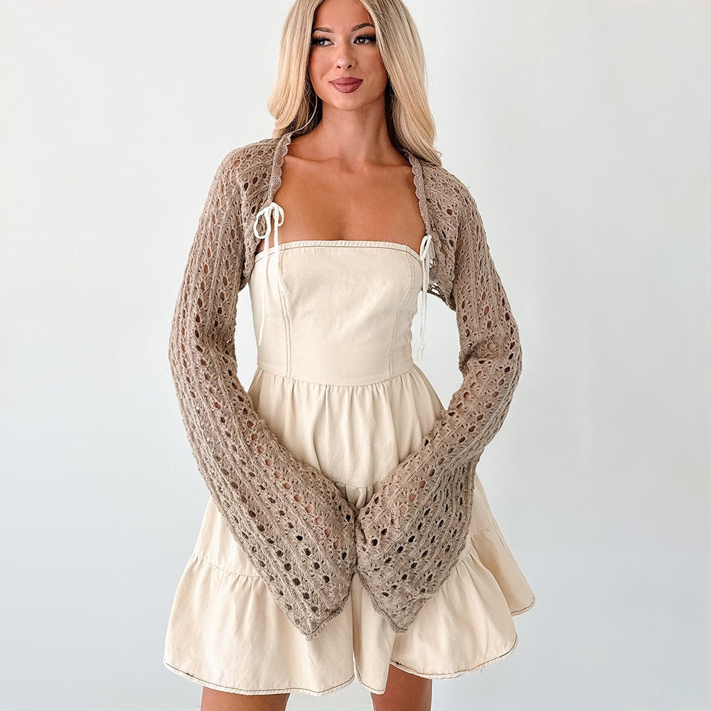 Damen Kurzer Häkel-Bolero mit Ajourmuster, BindShop Noryand und Trompetärmeln Shop Nory