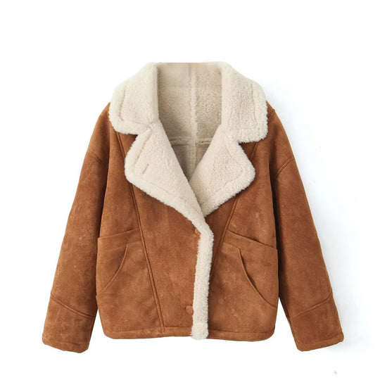 Damen Oversized Kurzjacke aus Wildlederoptik mit Teddyfutter und großem Reverskragen Shop Nory