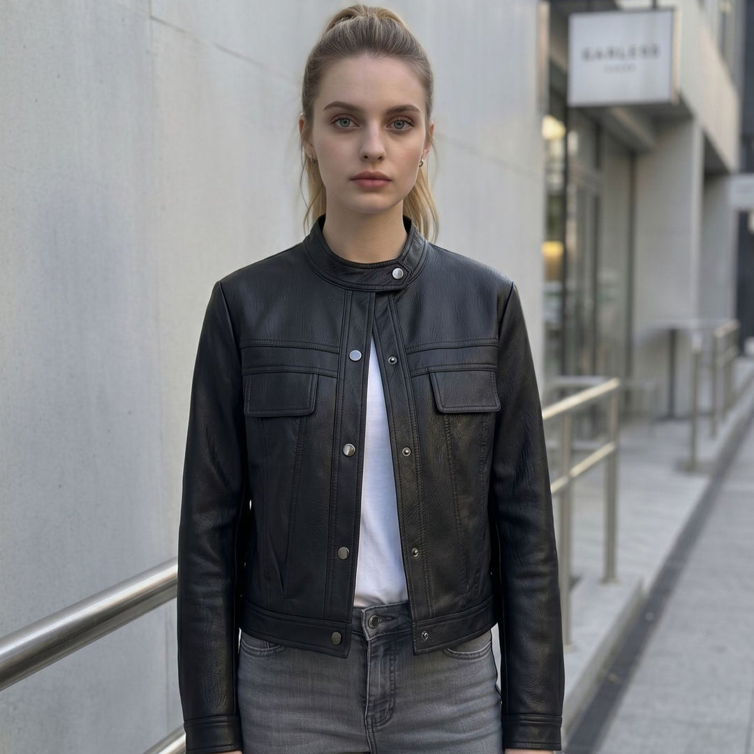 Damen Kurz geschnittene Lederjacke mit Stehkragen und Pattentaschen Shop Nory