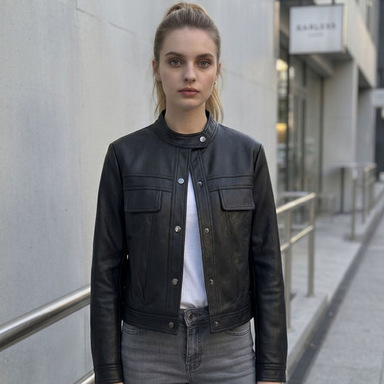 Damen Kurz geschnittene Lederjacke mit Stehkragen und Pattentaschen Shop Nory